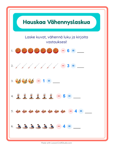 Esikatselu: Vähennyslasku-tehtäväarkki, aiheena Aktiviteetit, Esiopetus