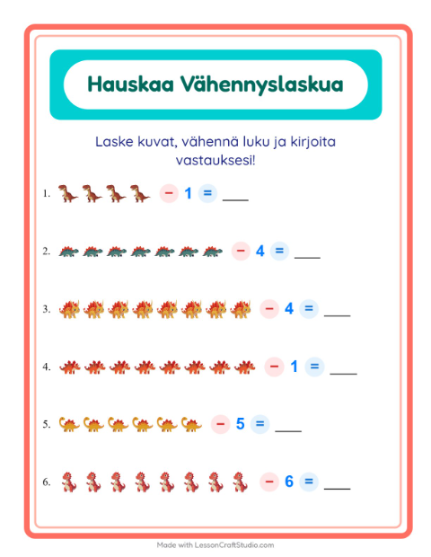 Esikatselu: Vähennyslasku-tehtäväarkki, aiheena Dinosaurukset, Esiopetus