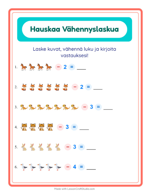 Vähennä luku kuvista – Eläimet