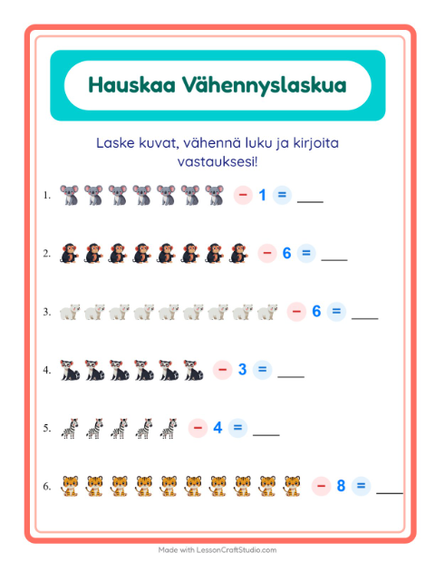 Vähennä luku kuvista – Eläintarhan eläimet
