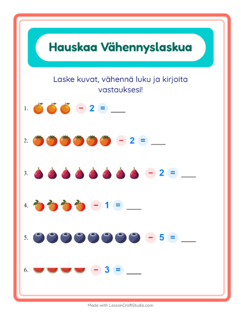Vähennä luku kuvista – Hedelmät