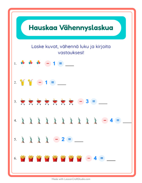 Esikatselu: Vähennyslasku-tehtäväarkki, aiheena Heinäkuun 4., Esiopetus