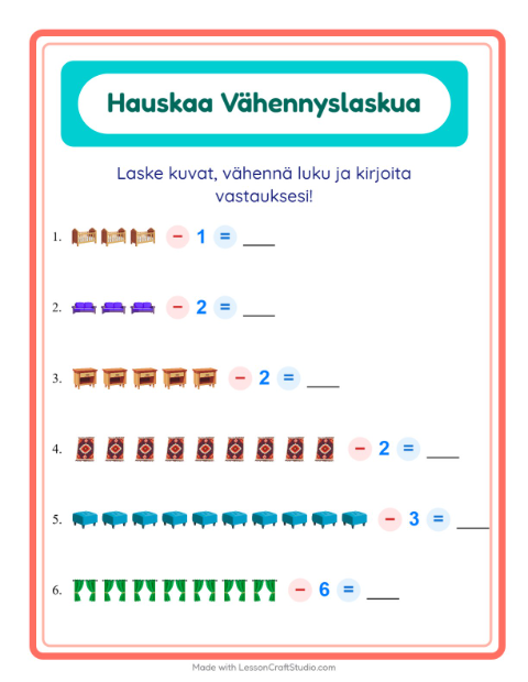 Vähennä luku kuvista – Huonekalut