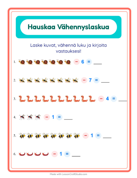 Vähennä luku kuvista – Hyönteiset ja ötökät