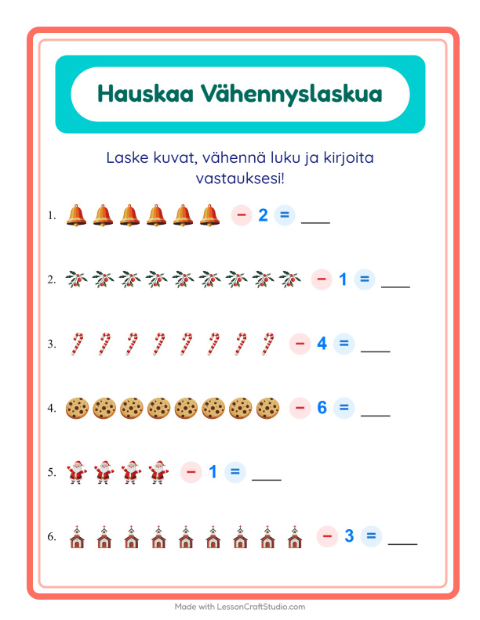 Esikatselu: Vähennyslasku-tehtäväarkki, aiheena Joulu, Esiopetus