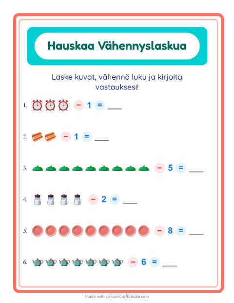 Esikatselu: Vähennyslasku-tehtäväarkki, aiheena Keittiövälineet, Esiopetus
