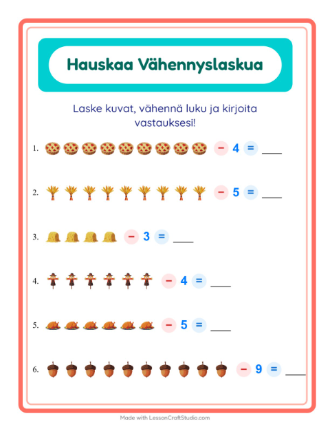 Esikatselu: Vähennyslasku-tehtäväarkki, aiheena Kiitospäivä, Esiopetus