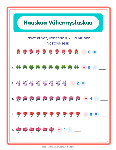 Esikatselu: Vähennä luku kuvista: Kukat – 1. luokan oppilaille