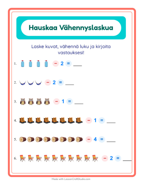 Vähennä luku kuvista – Leirielämä