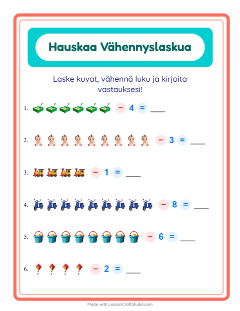 Vähennä luku kuvista – Lelut