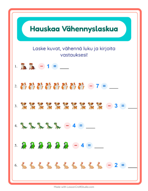Vähennä luku kuvista – Lemmikit