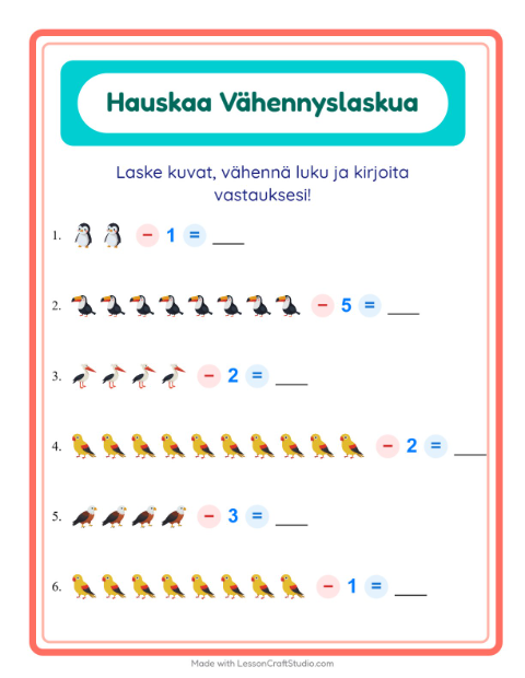 Esikatselu: Vähennyslasku-tehtäväarkki, aiheena Linnut, Esiopetus