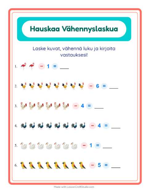 Vähennä luku kuvista – Linnut 2