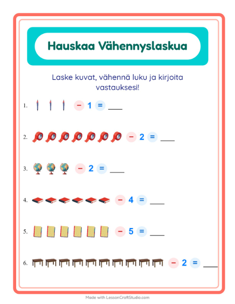 Esikatselu: Vähennyslasku-tehtäväarkki, aiheena Luokkahuone, Esiopetus