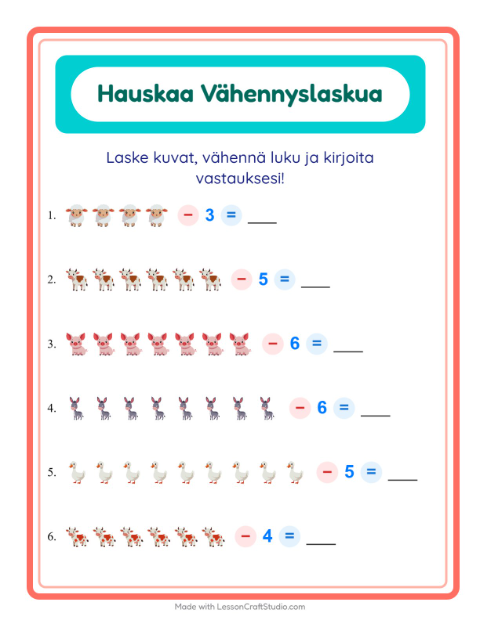 Esikatselu: Vähennyslasku-tehtäväarkki, aiheena Maatilan eläimet, Esiopetus