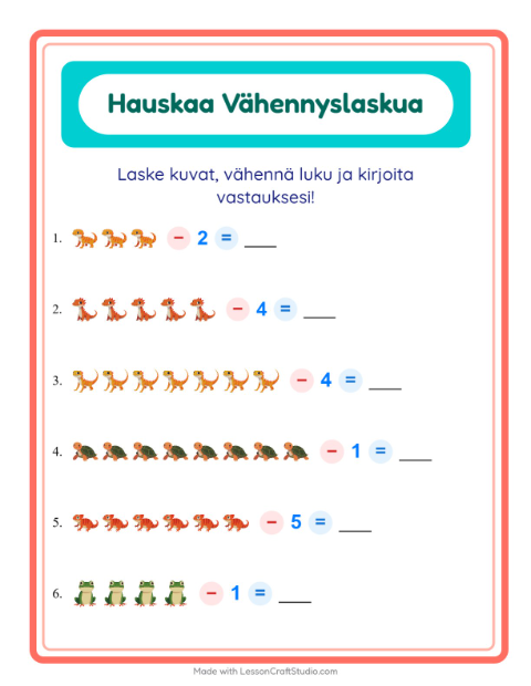 Esikatselu: Vähennyslasku-tehtäväarkki, aiheena Matelijat ja sammakkoeläimet, Esiopetus