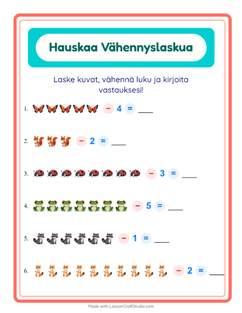 Vähennä luku kuvista – Metsän eläimet