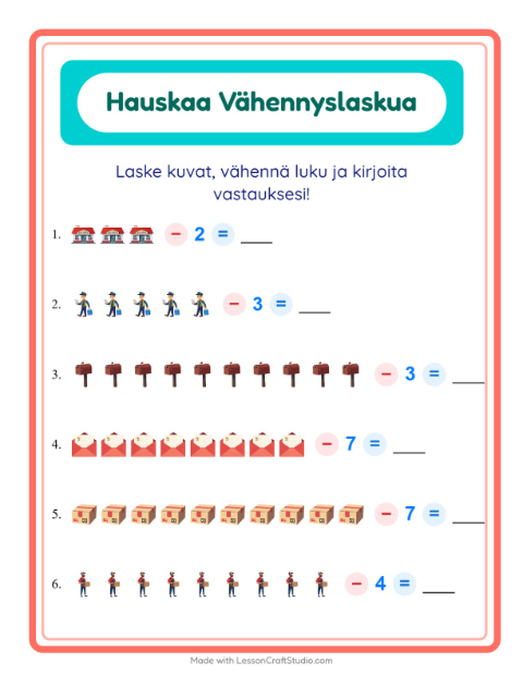 Esikatselu: Vähennyslasku-tehtäväarkki, aiheena Postitoimisto, Esiopetus