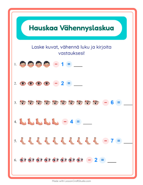 Esikatselu: Vähennyslasku-tehtäväarkki, aiheena Ruumiinosat, Esiopetus