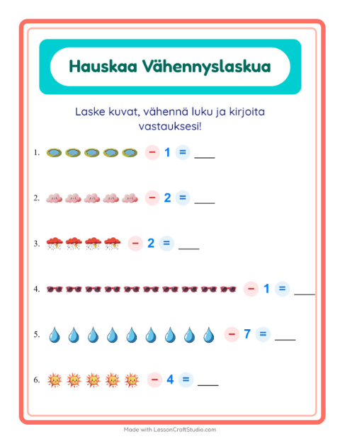 Esikatselu: Vähennyslasku-tehtäväarkki, aiheena Sää, Esiopetus