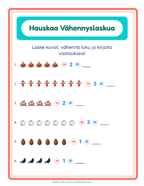 Esikatselu: Vähennyslasku-tehtäväarkki, aiheena Sekalaista, Esiopetus