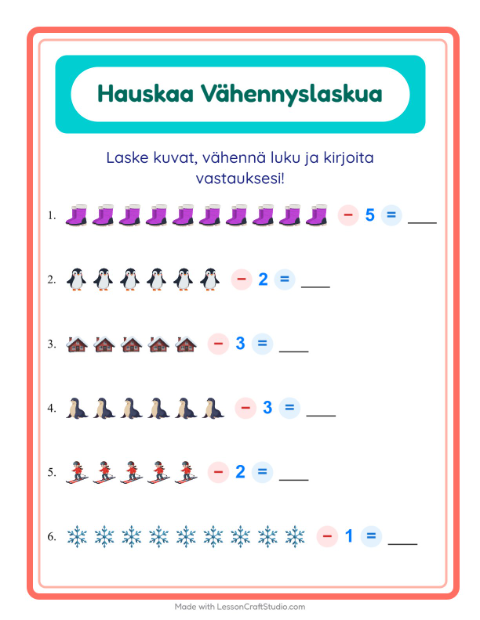 Esikatselu: Vähennyslasku-tehtäväarkki, aiheena Talvi, Esiopetus