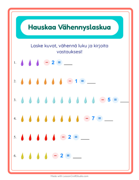 Esikatselu: Vähennyslasku-tehtäväarkki, aiheena Värit, Esiopetus