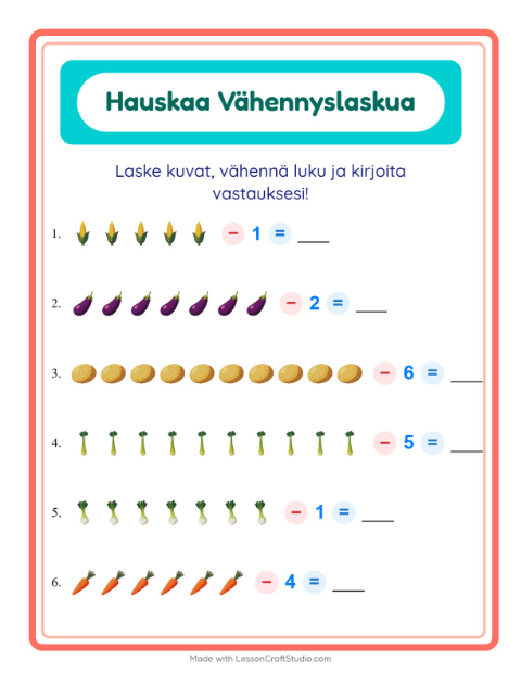 Vähennä luku kuvista – Vihannekset