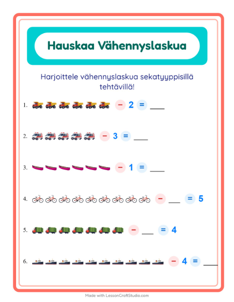 Esikatselu: Vähennyslasku-tehtäväarkki, aiheena Ajoneuvot, Esiopetus