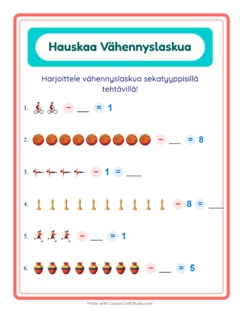 Esikatselu: Vähennyslasku-tehtäväarkki, aiheena Aktiviteetit, Esiopetus
