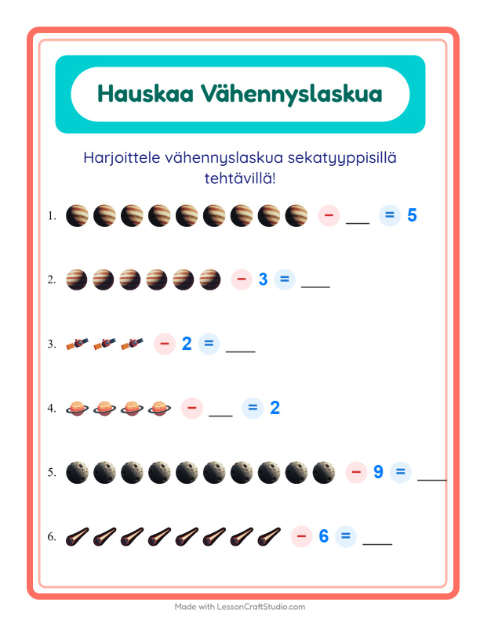 Esikatselu: Vähennyslasku-tehtäväarkki, aiheena Avaruus, Esiopetus