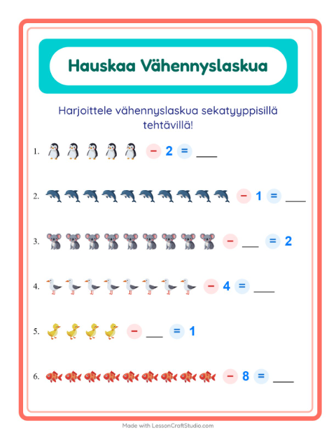 Esikatselu: Vähennyslaskua sekaisin: Eläimet – 1. luokan oppilaille