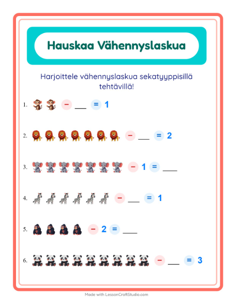 Vähennyslaskua sekaisin – Eläintarhan eläimet