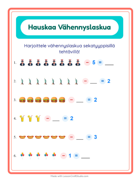 Esikatselu: Vähennyslasku-tehtäväarkki, aiheena Heinäkuun 4., Esiopetus