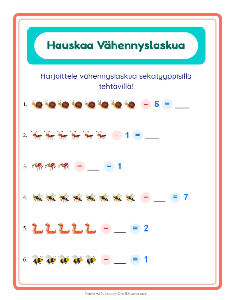 Esikatselu: Vähennyslasku-tehtäväarkki, aiheena Hyönteiset ja ötökät, Esiopetus