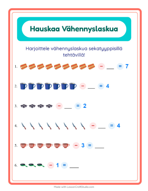 Esikatselu: Vähennyslasku-tehtäväarkki, aiheena Keittiövälineet, Esiopetus