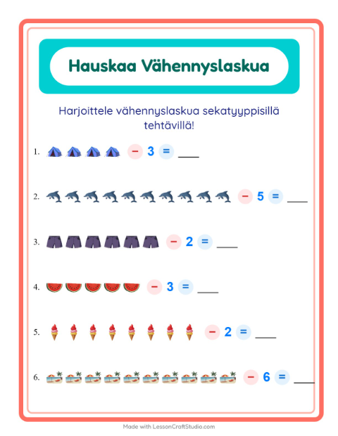 Esikatselu: Vähennyslasku-tehtäväarkki, aiheena Kesä, Esiopetus