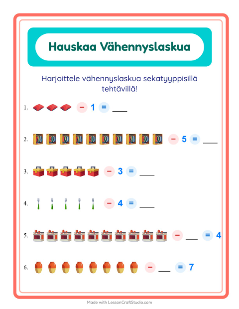 Esikatselu: Vähennyslasku-tehtäväarkki, aiheena Kodin ympärillä, Esiopetus