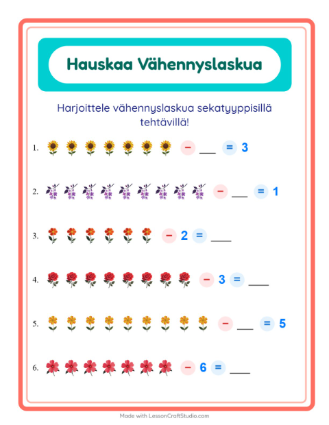 Esikatselu: Vähennyslasku-tehtäväarkki, aiheena Kukat, Esiopetus