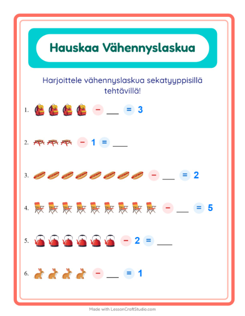 Esikatselu: Vähennyslasku-tehtäväarkki, aiheena Leirielämä, Esiopetus