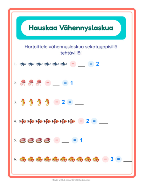 Esikatselu: Vähennyslasku-tehtäväarkki, aiheena Merielämä, Esiopetus