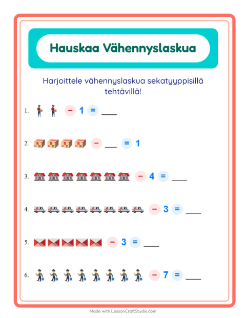 Esikatselu: Vähennyslaskua sekaisin: Postitoimisto – 1. luokan oppilaille