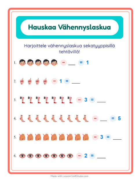 Esikatselu: Vähennyslasku-tehtäväarkki, aiheena Ruumiinosat, Esiopetus