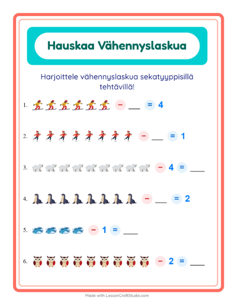 Esikatselu: Vähennyslasku-tehtäväarkki, aiheena Talvi, Esiopetus