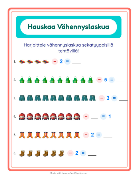 Esikatselu: Vähennyslasku-tehtäväarkki, aiheena Vaatteet, Esiopetus
