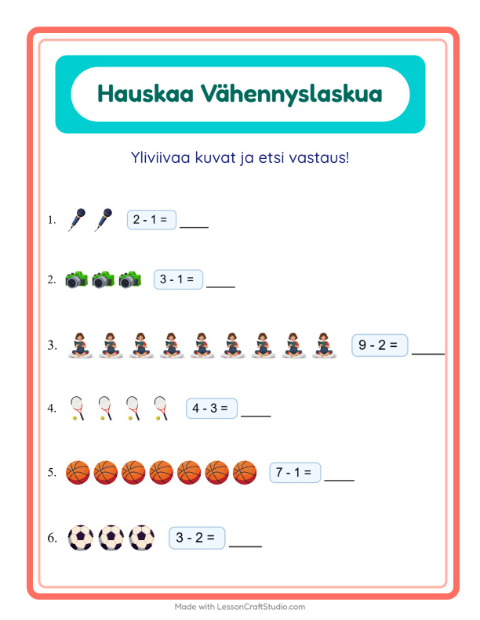 Esikatselu: Vähennyslasku-tehtäväarkki, aiheena Aktiviteetit, Esiopetus
