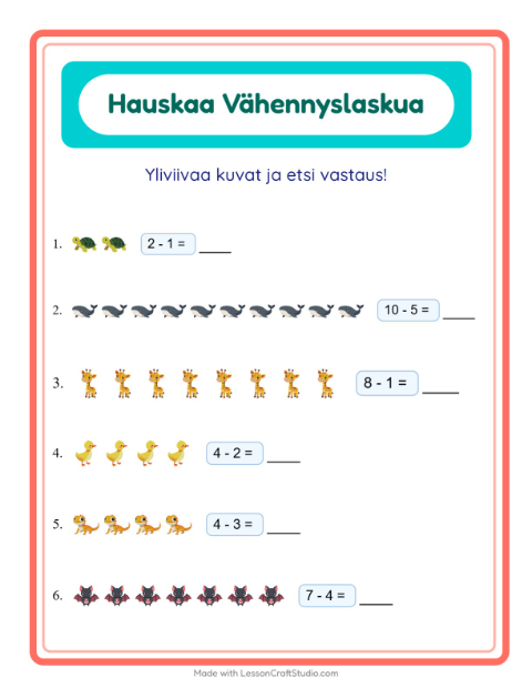 Vähennyslasku: Eläimet – 1. luokan oppilaille — 2