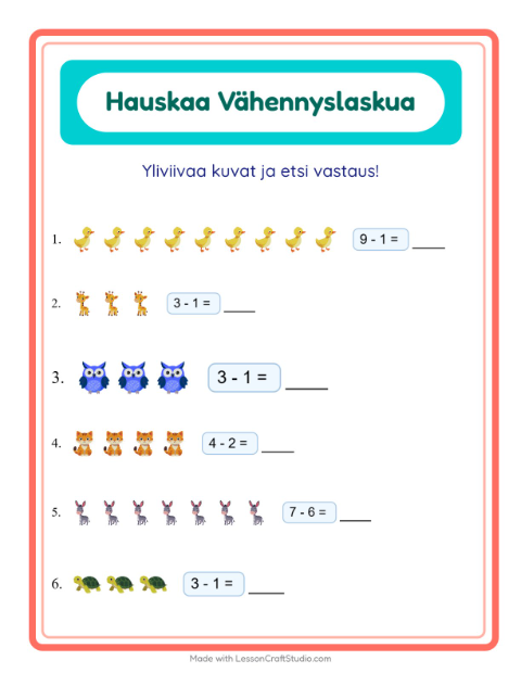 Esikatselu: Vähennyslasku-tehtäväarkki, aiheena Eläimet, Esiopetus