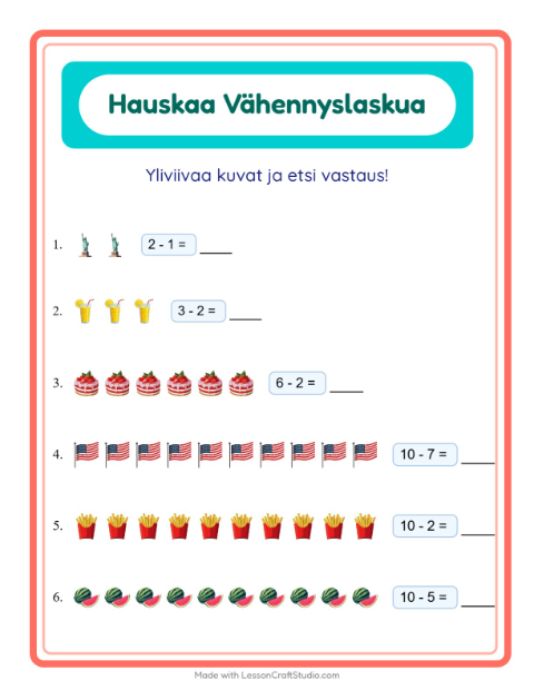 Esikatselu: Vähennyslasku-tehtäväarkki, aiheena Heinäkuun 4., Esiopetus
