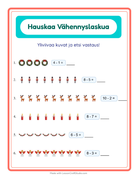 Esikatselu: Vähennyslasku-tehtäväarkki, aiheena Joulu, Esiopetus